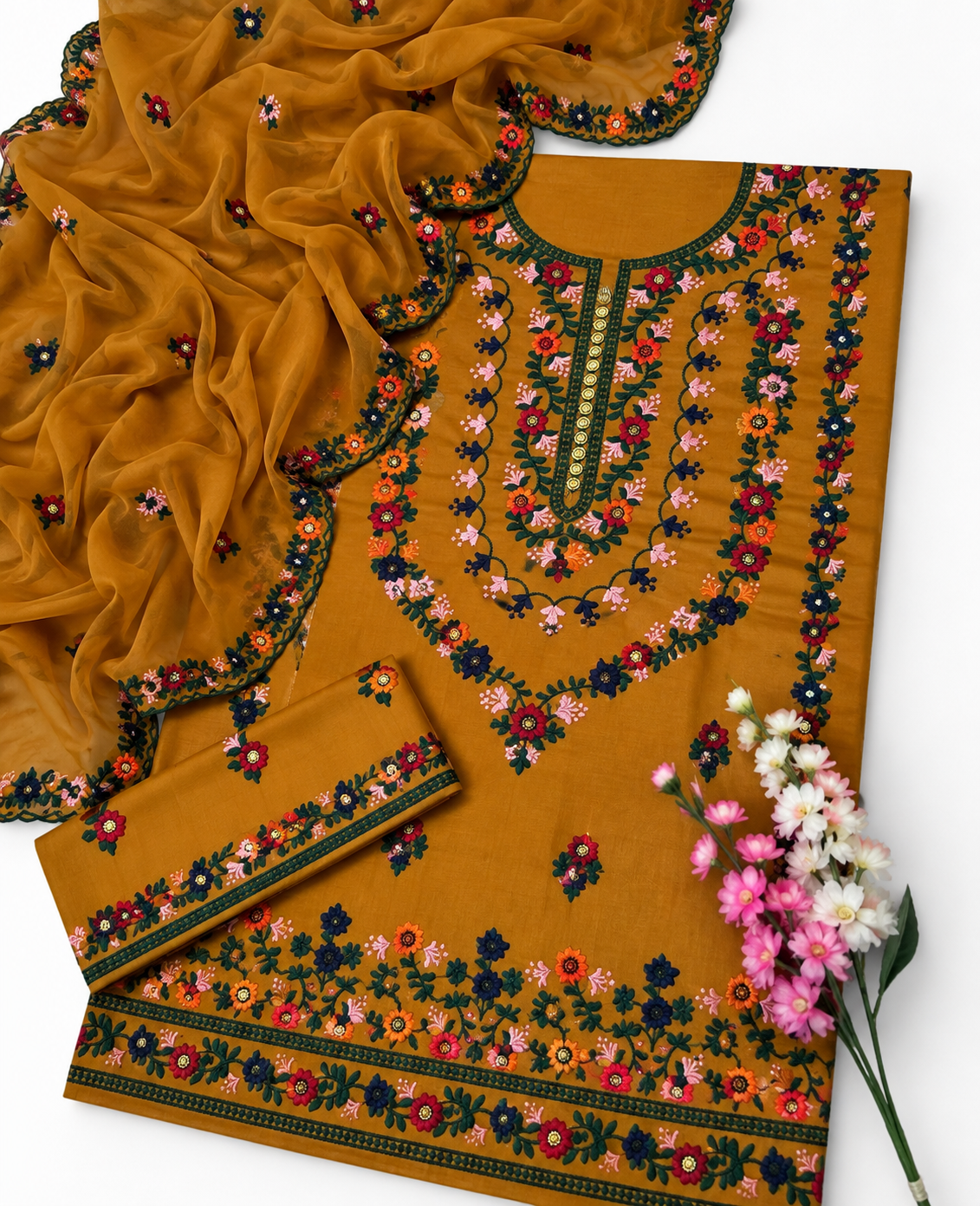 3MM Sequence Sitara Pakka Thread Multi Embroidered Soft Cotton Suit with Premium Chiffon Cutwork Dupatta – 3PC Unstitched Dress 👗