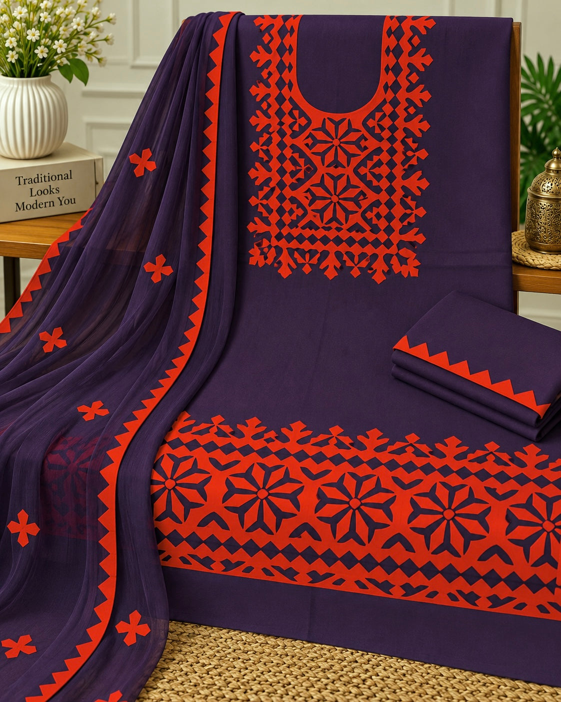 Pure Fancy Handmade Applique Work Soft Cotton Suit with Chiffon Dupatta – 3 Piece Unstitched Dress 👗
