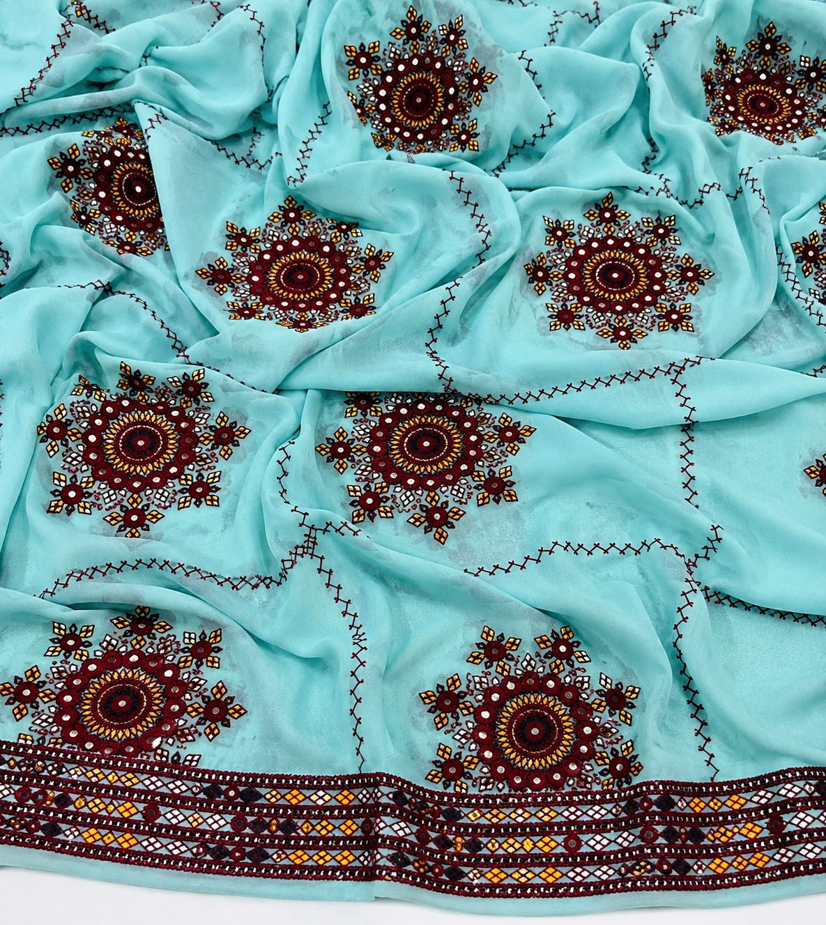 9MM Sitara Thick Thread Heavy Bunches Embroidery with Two Side Border - Swiss Lawn Chadar