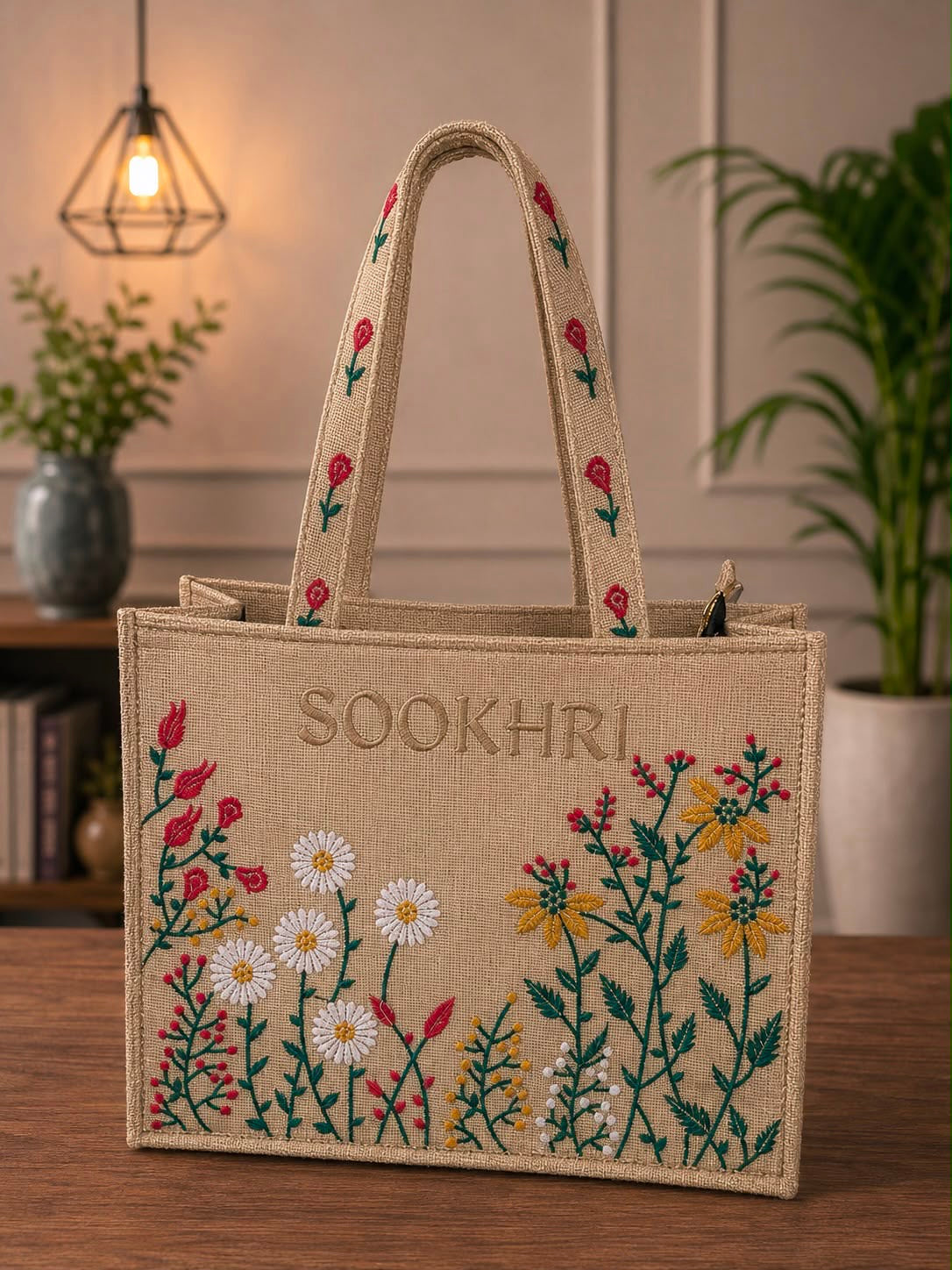 Floral Embroidered Jute Fabric Tote Bag – (14 Inches Length | 11 inches Width)