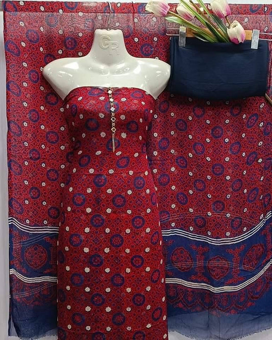 Hand Printed Ajrak Chiffon Shirt & Dupatta Along With Plain Soft Cotton Trouser 3PC Unstitched Dress 👗