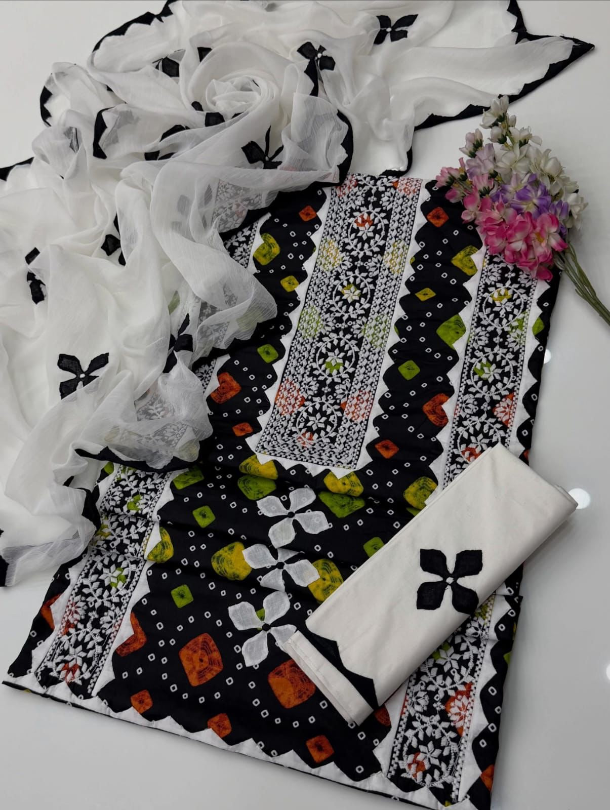 Multi Chunri Print Applic Handmade Panel with Patti Embroidered Lawn Cotton With Chiffon Dupatta – 3PC Unstitched Dress 👗