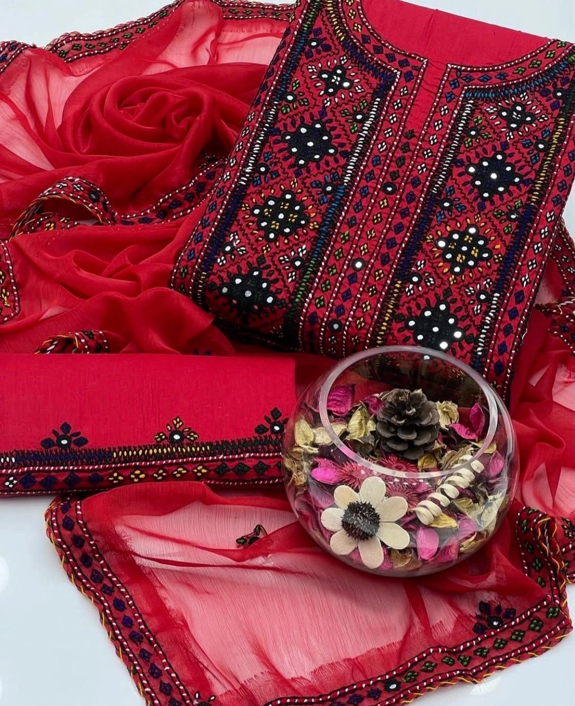 Balochi Handmade Mirror Work Soft Cotton Fabric Shirt & Trouser with Chiffon Dupatta | 3PC Unstitch Dress 👗