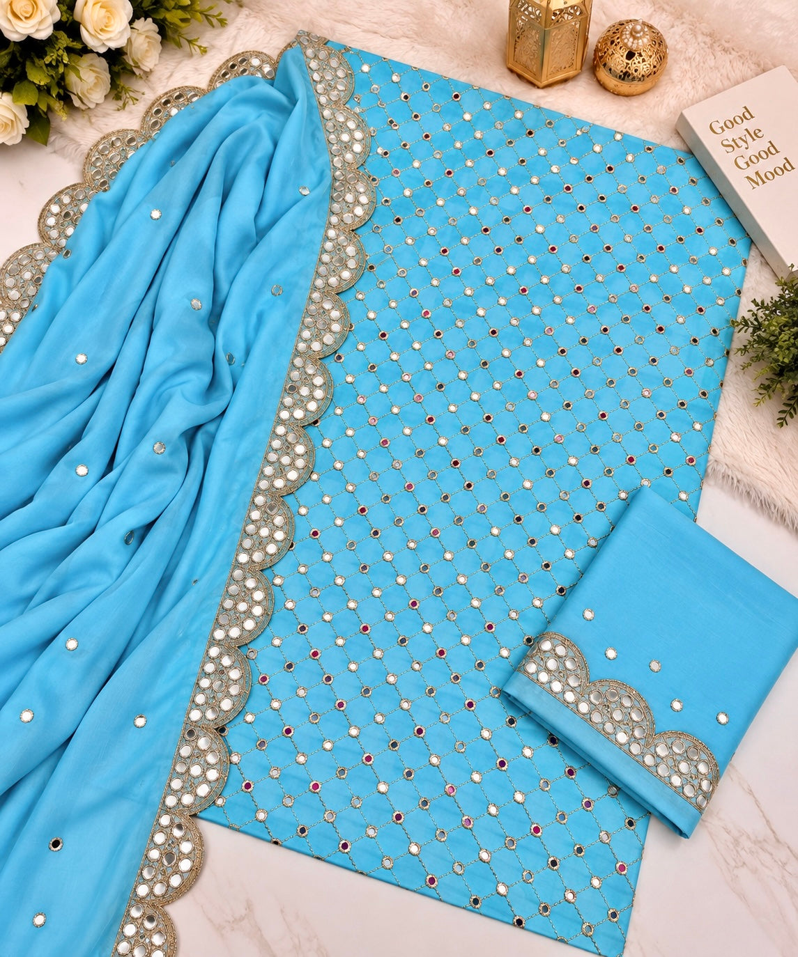 Zarri Sitara Full Jaal Embroidered Soft Cotton with Two-Side Cutwork Chiffon Dupatta | 3PC Unstitched Fancy Dress 👗