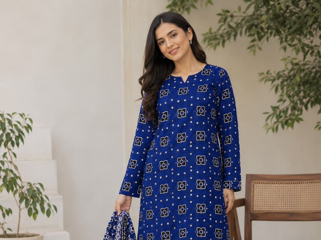Ajrak Block Print 3 Piece Unstitch Dress – Soft Cotton Fabric