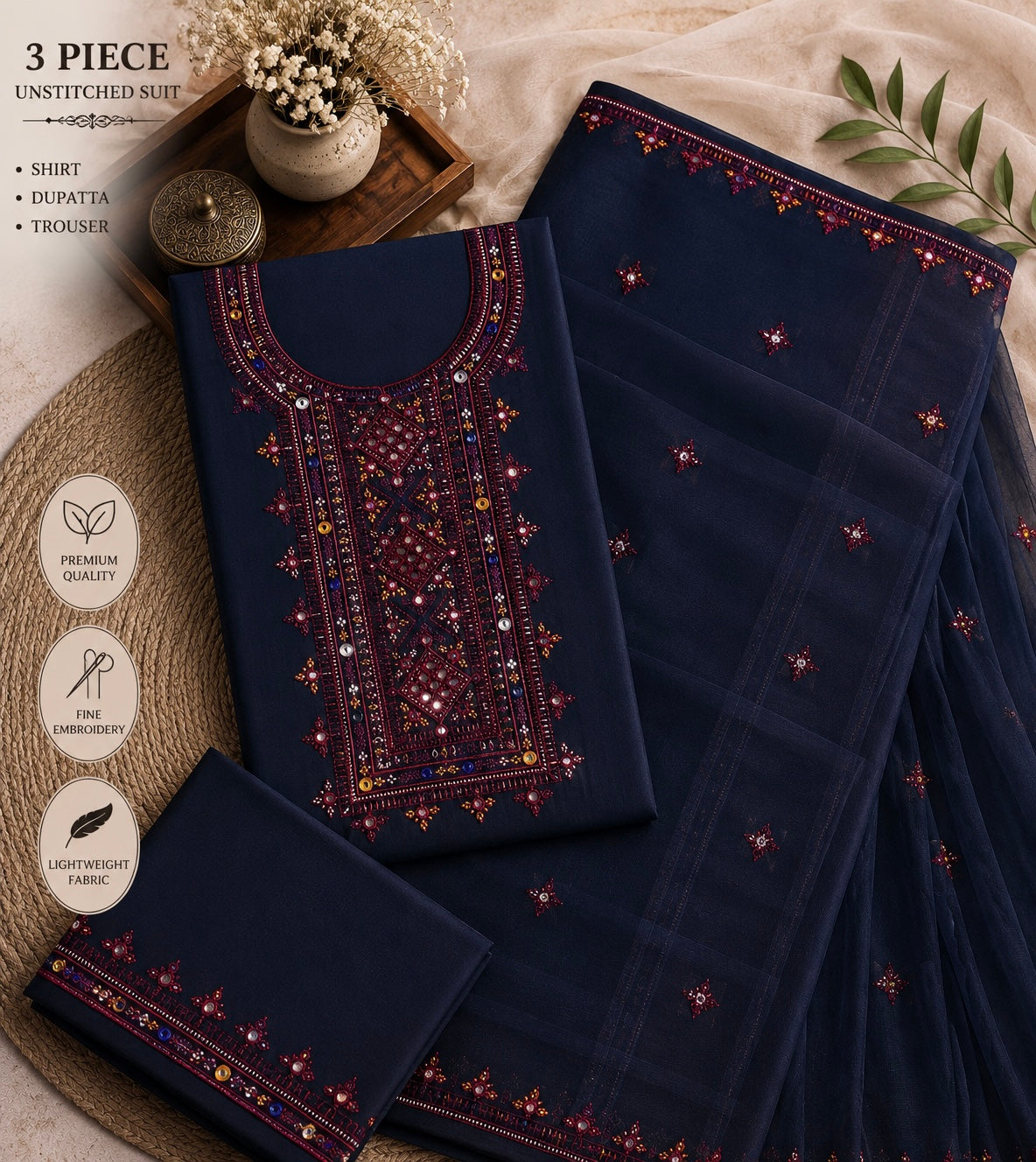 Balochi Thick Thread 9MM Sitara Embroidered Lawn Cotton with Chiffon Dupatta -3PC Unstitch Dress 👗