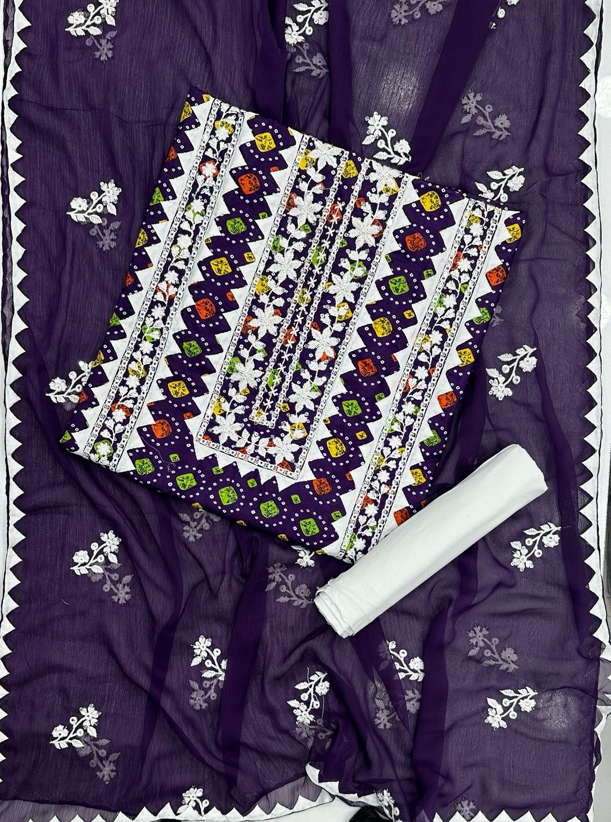 Chunri Print Applic With Embroidery Soft Cotton 3-Piece Suit