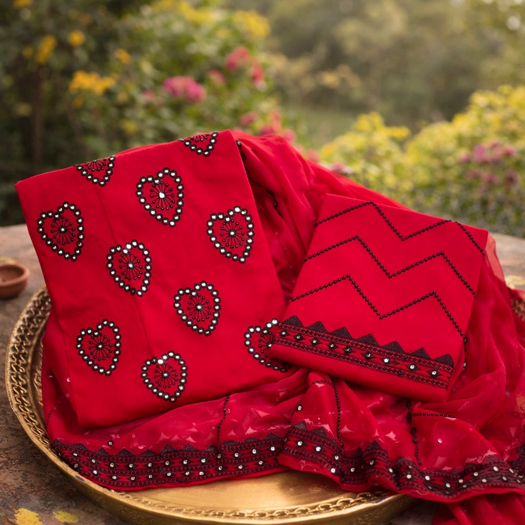3-Piece Suit with 9mm Sitara Heart Embroidery | Lawn Cotton Shirt & Trouser with Fancy Chiffon Dupatta