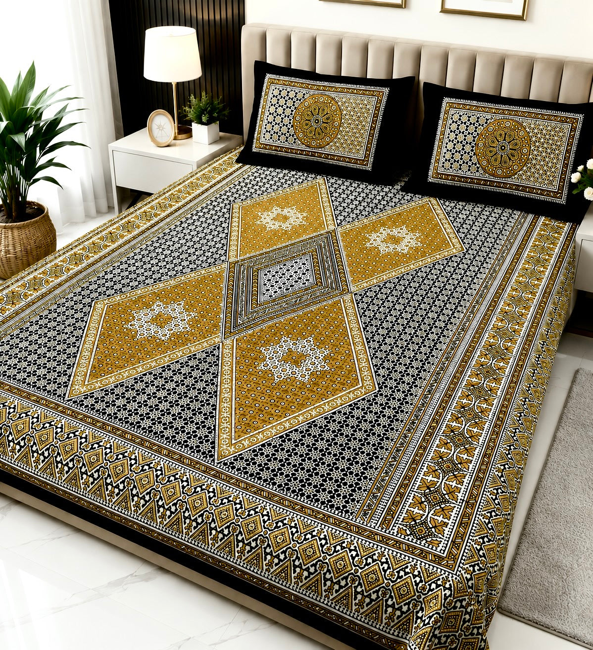 King Size Ajrak Block Hand Print Cotton Stuff Bedsheet Set with 2 Unstitched Pillow Covers