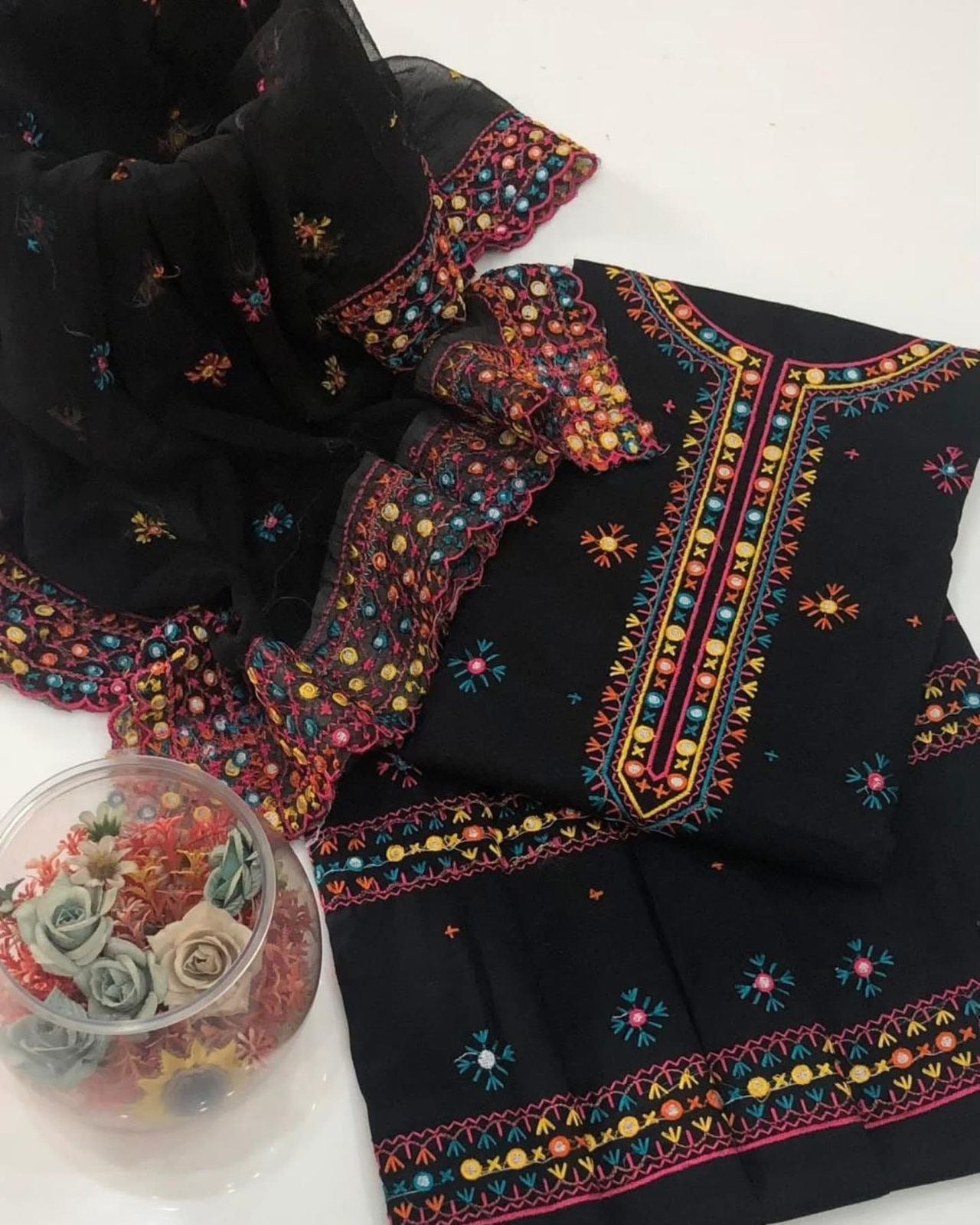 Computer Multi Embroidery Gala Bail Daman Unstitch 3pc Dress