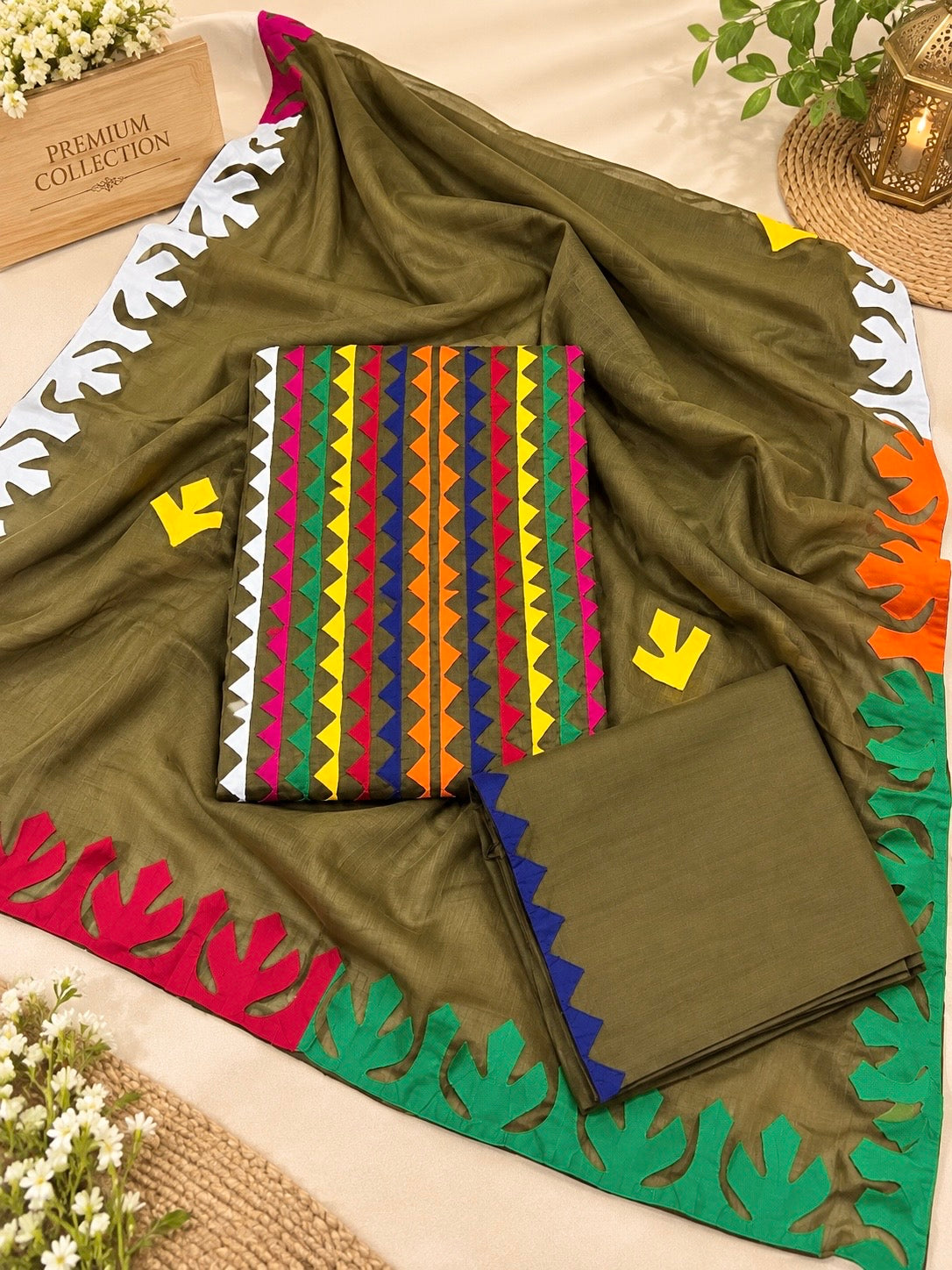 Applic Handmade Multi Zig Zag Front Panel Work Soft Cotton with Four Border Applic Work Chiffon Dupatta - 3PC Unstitch Dress 👗