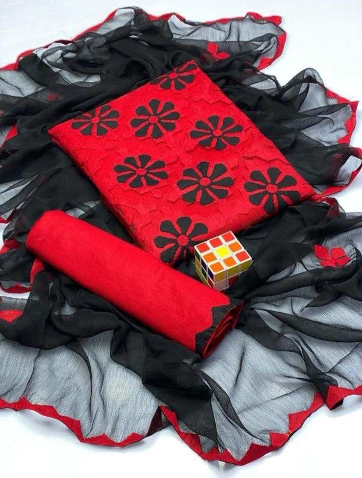 Handcrafted Soft Cotton Applique Work 3-Piece Unstitched Dress with Net Front Panel & Chiffon Dupatta