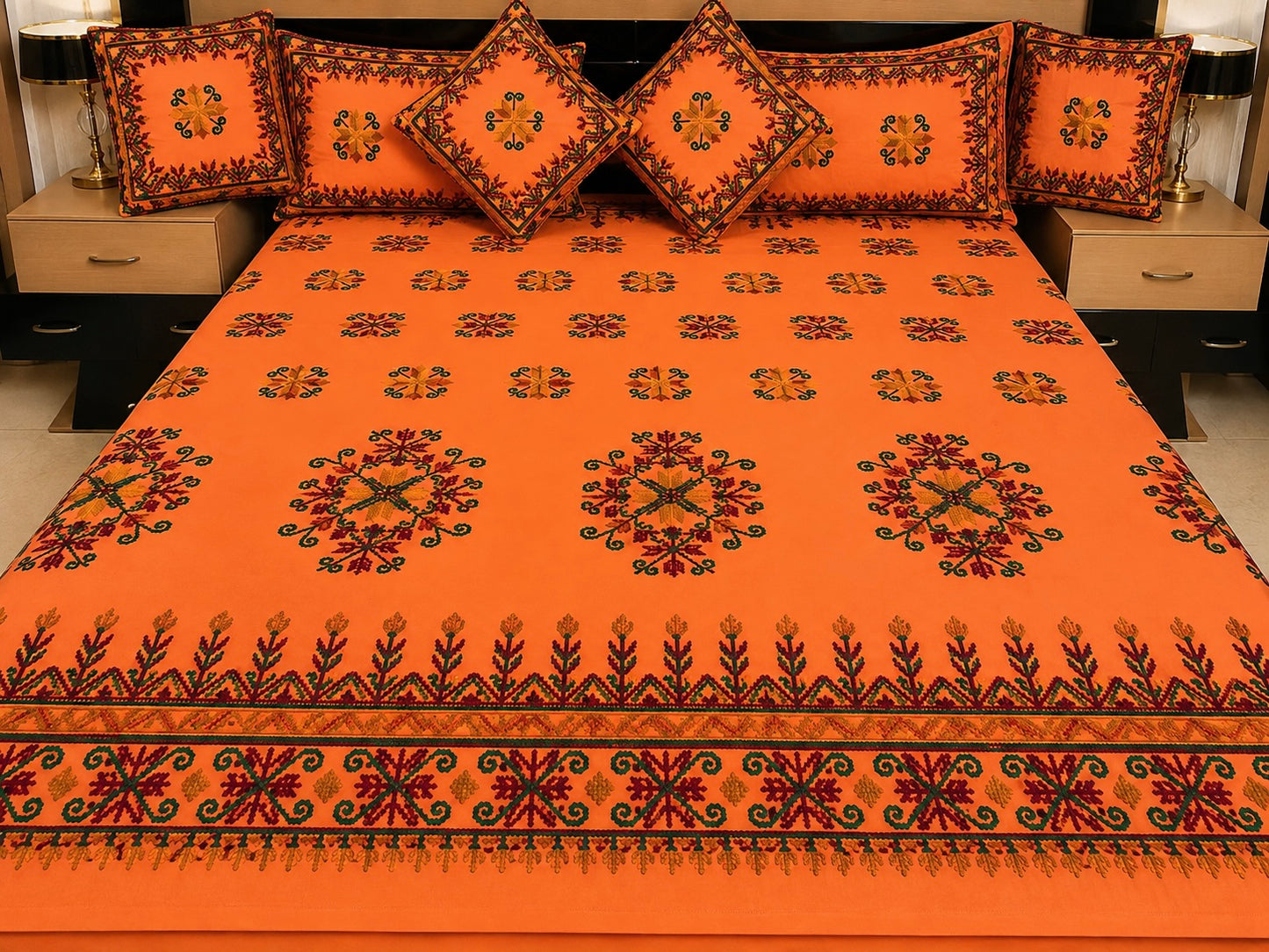 Sindhi Hurmcha Heavy Ari Embroidery 7-Piece Bridal Bedsheet Set – Soft Cotton Fabric | King Size