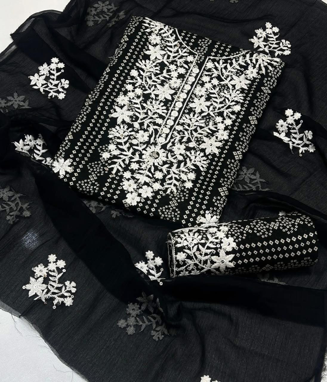 Winter Thick Thread Sequence Sitara Work Embroidery Chunri Marina Fabric 3pc Dress