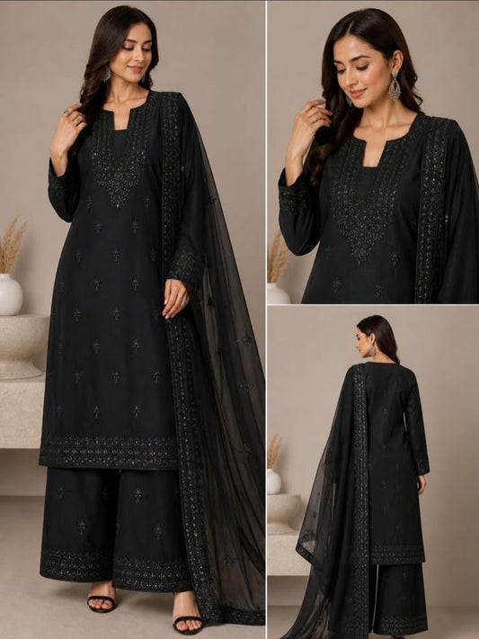 Black 3MM Sitara Embroidered Heavy Gala Daman Lawn Cotton Fabric with Embroidered Chiffon Dupatta | 3PC Unstitched Suit