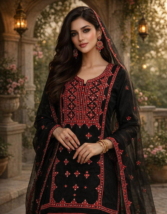 Pure Handmade Balochi Embroidered Unstitched 3-Piece Suit with Original Mirror Work