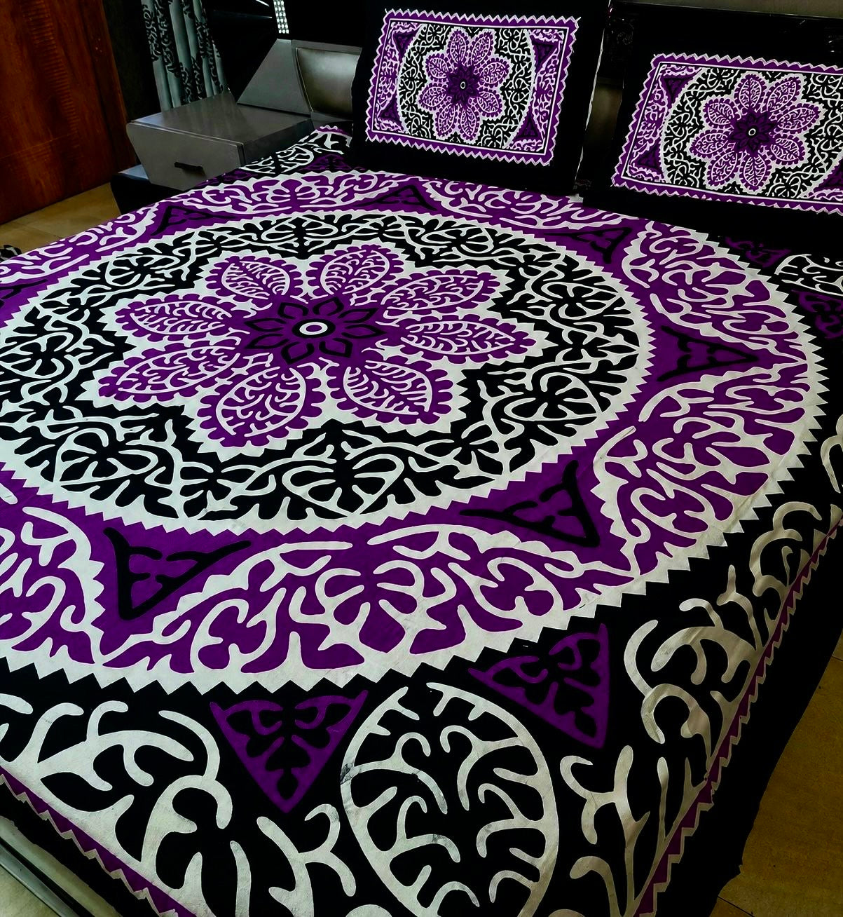 King Size Ajrak Block Hand Print Cotton Stuff Bedsheet Set with 2 Unstitched Pillow Covers