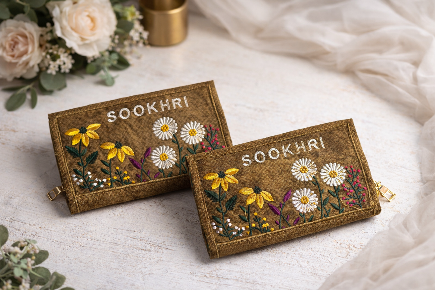 SOOKHRI Embroidered Velvet Clutch – Floral Zipper Wallet (Pair of 2)