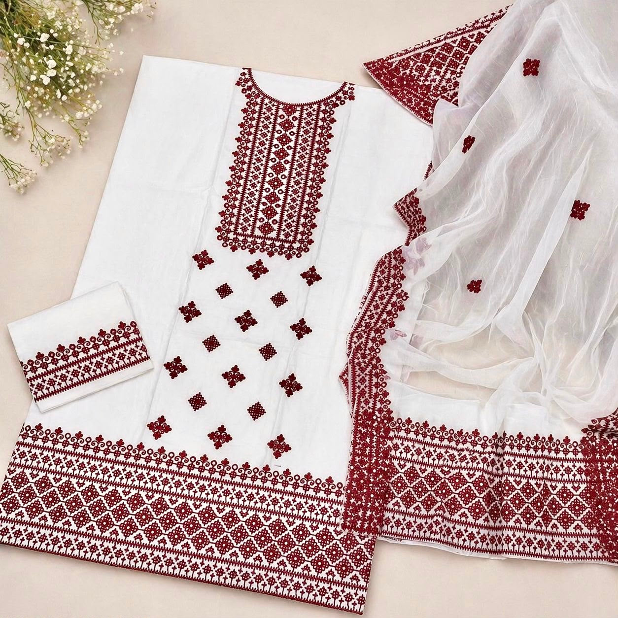 Sindhi Hurmucha Ari Embroidery Lawn Cotton Shirt & Trouser with Four Border Chiffon Dupatta  | 3PC Unstitched Dress 👗
