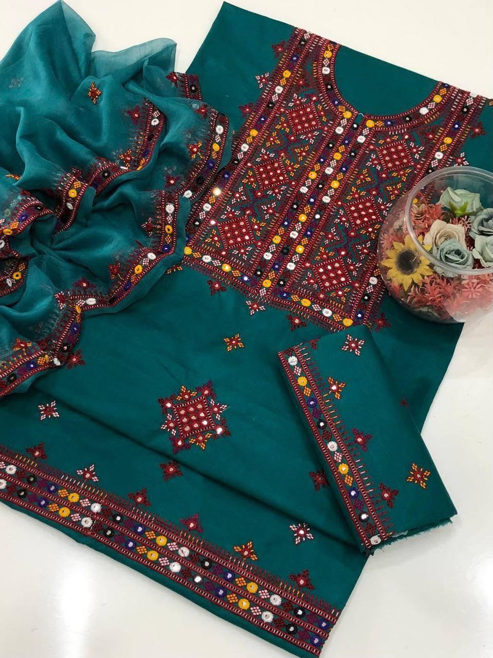 Balochi Thick Thread Sitara Embroidery Lawn Cotton With Chiffon Dupatta - 3PC Unstitch Dress 👗