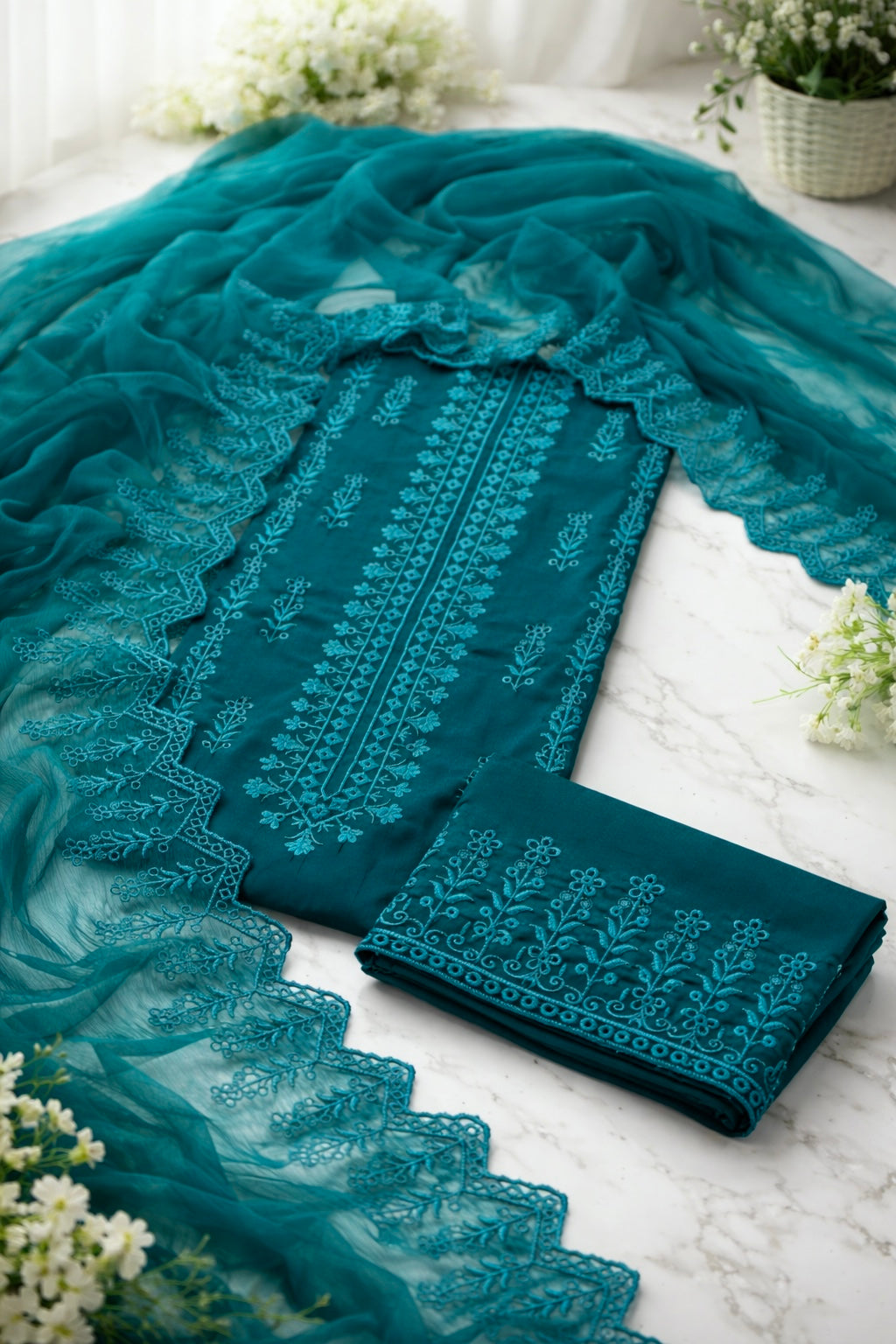 Chiken Bouring Embroidery With Cutwork Dupatta 3pc Dress 👗