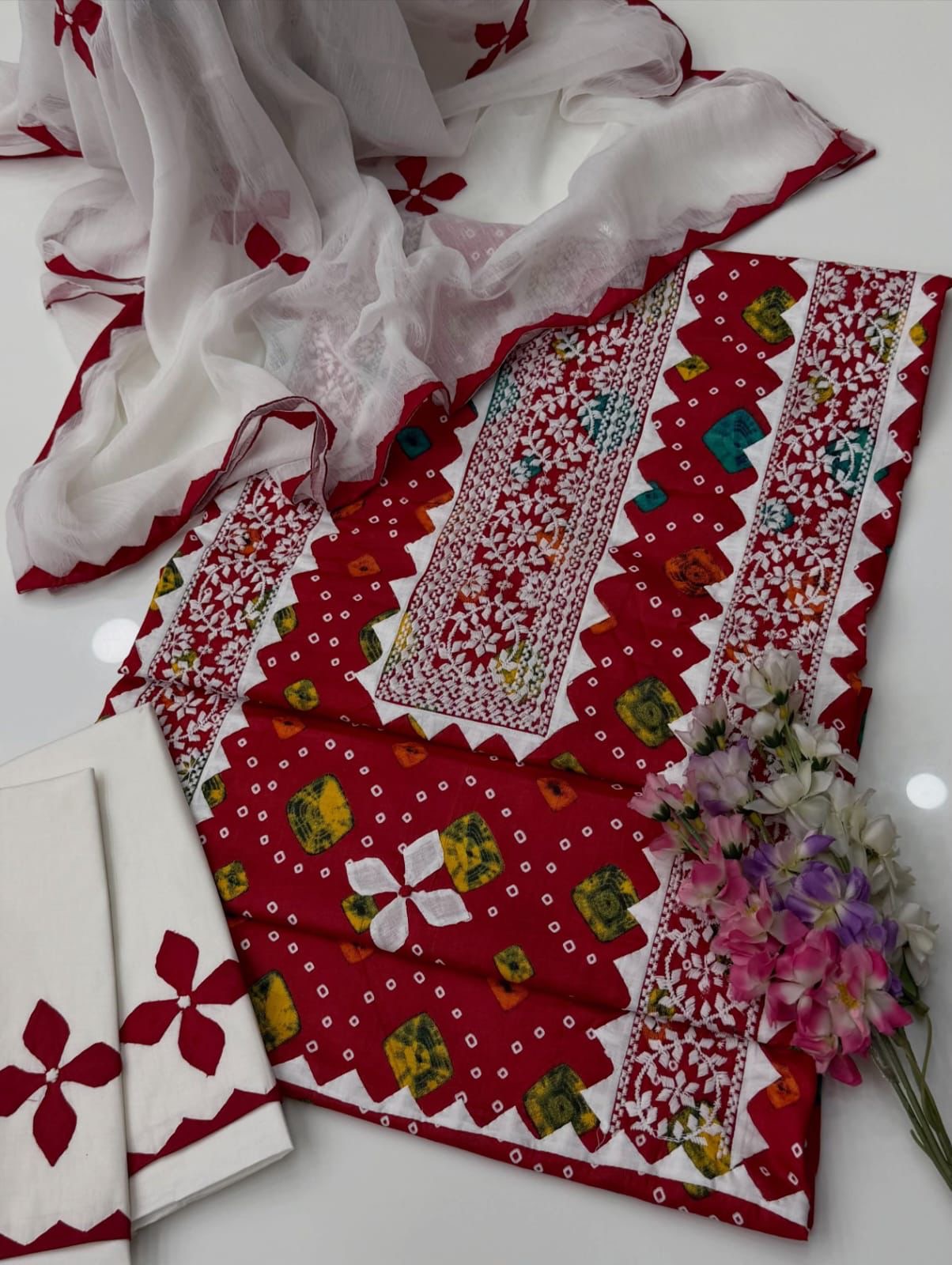 Multi Chunri Print Applic Handmade Panel with Patti Embroidered Lawn Cotton With Chiffon Dupatta – 3PC Unstitched Dress 👗
