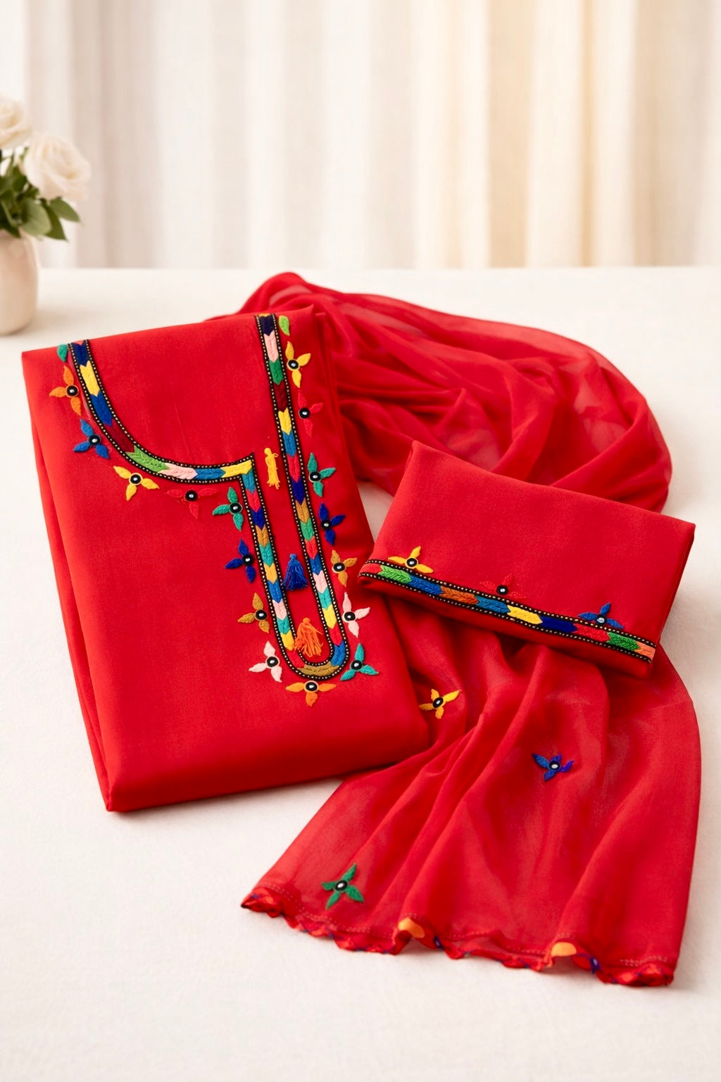 Village Work Handmade Soft Cotton With Chiffon Dupatta - 3PC Unstitch Dress 👗