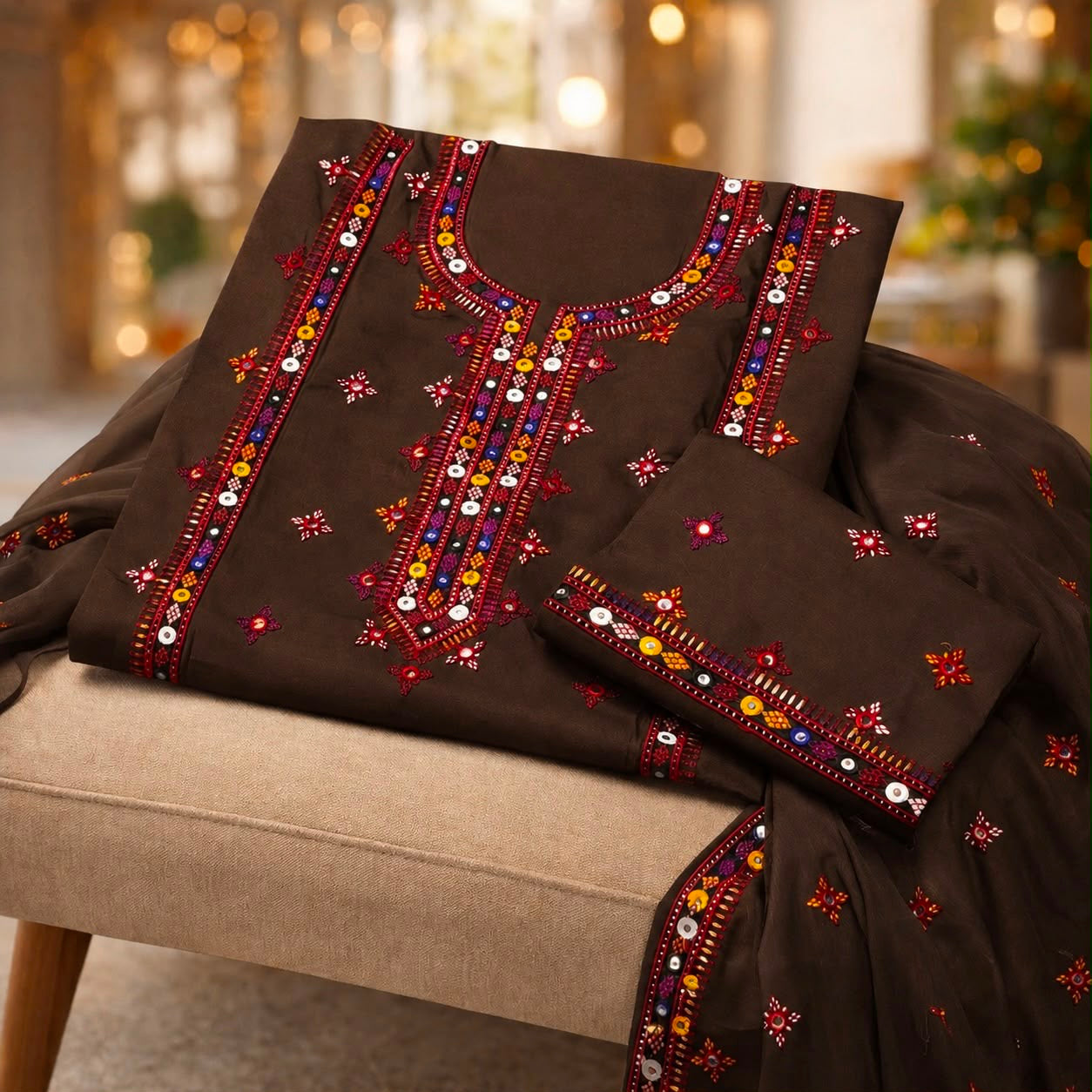 Balochi Gala Bail Daman 9MM Sitara Thick Thread Embroidered Lawn Cotton with Chiffon Dupatta - 3PC Unstitch Dress 👗