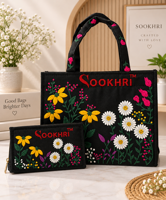 Premium Jute Fabric Floral Embroidered Tote Bag with Matching Clutch – Medium Size