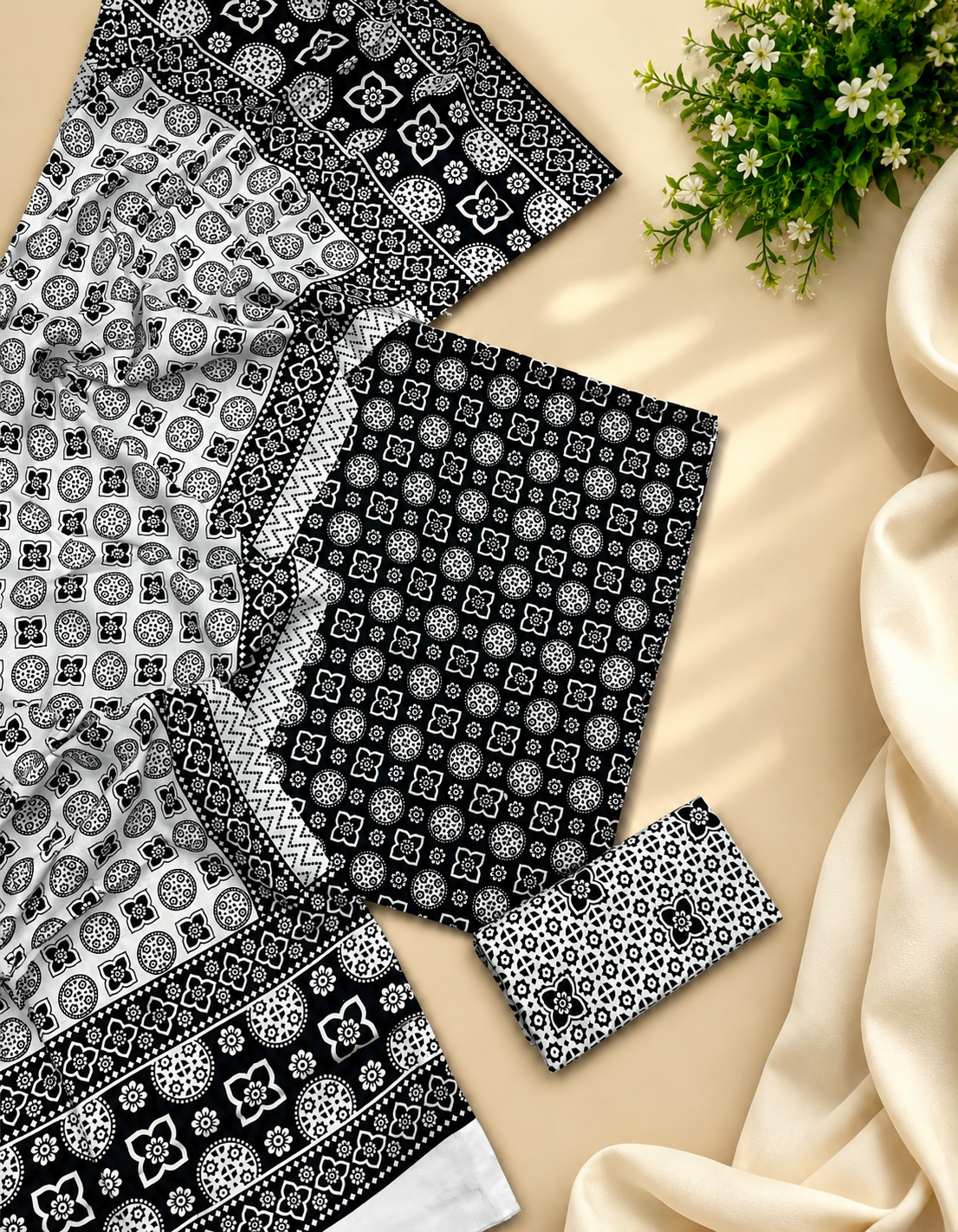 Black Ajrak Hand Block Print Cotton Unstitched 3-Piece Suit | All-Season Wear