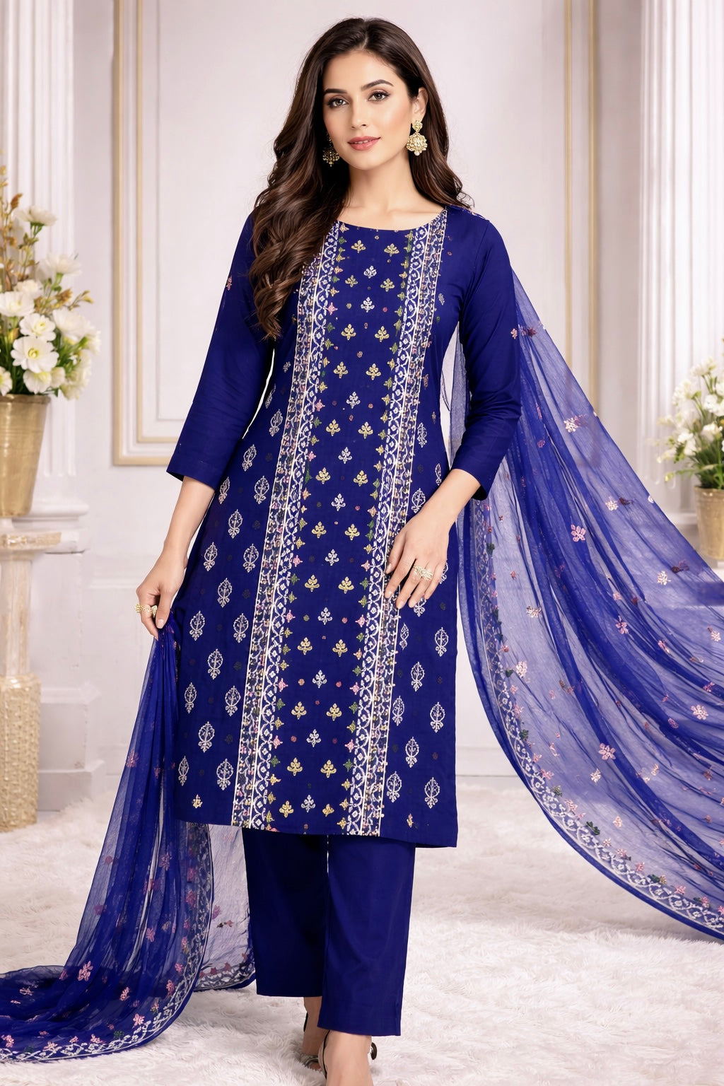 Cross Stitch Sequence Sitara Embroidery Panel Work With Chiffon Dupatta – 3PC Unstitch Dress