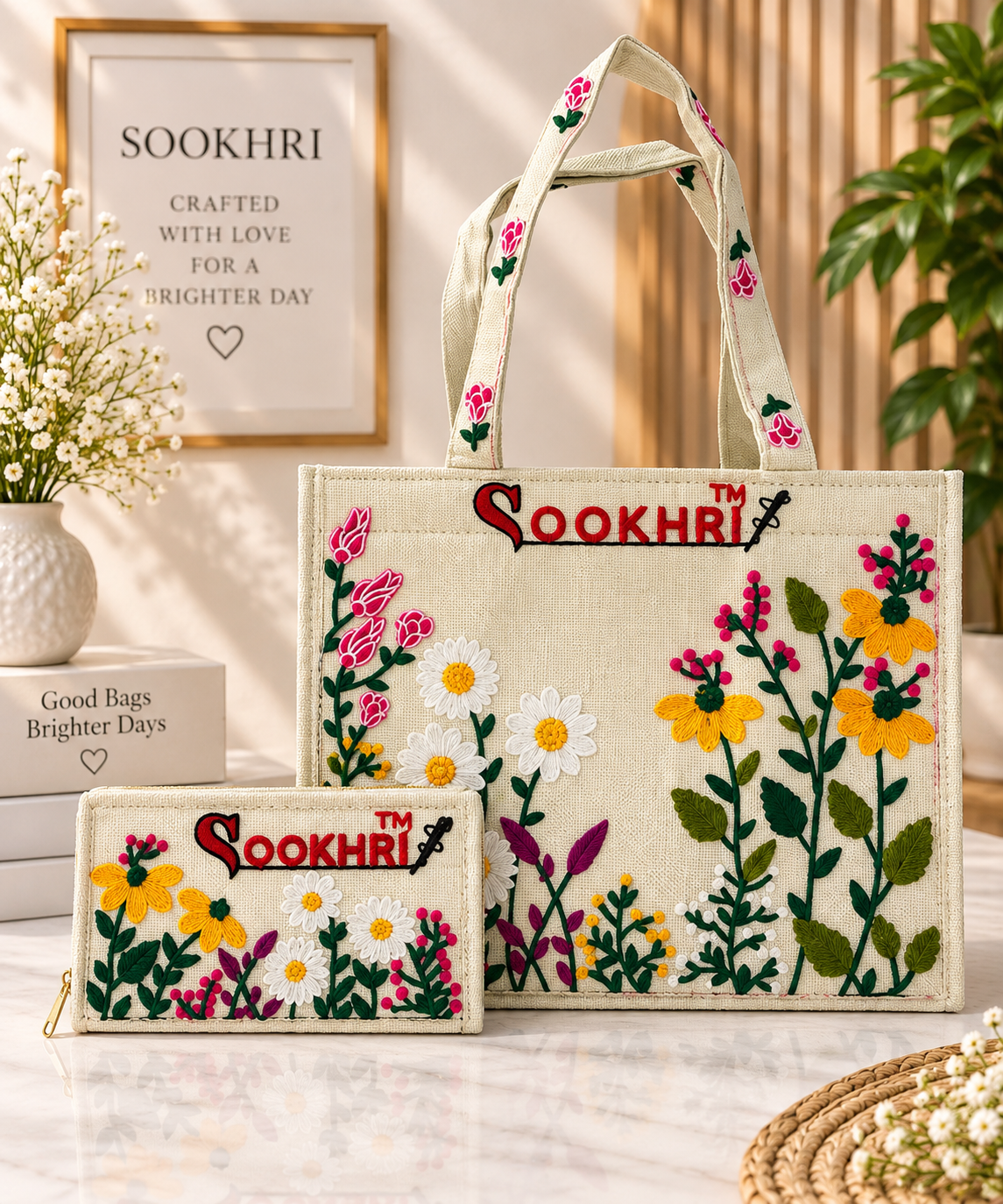 Premium Jute Fabric Floral Embroidered Tote Bag with Matching Clutch – Medium Size