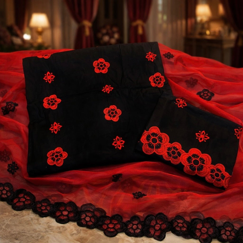 Floral Embroidered Unstitched Soft Cotton 3PC Suit With Chiffon Cutwork Dupatta