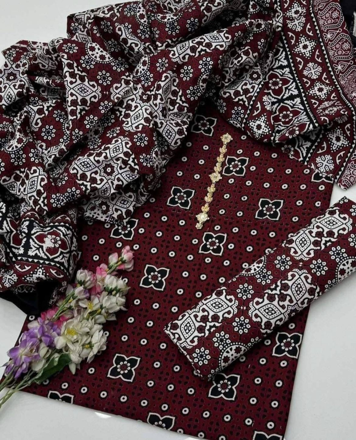 Hand Block Print Ajrak Cotton Unstitched 3-Piece Suit | All-Season Wear