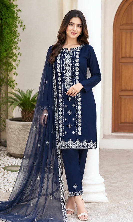 Cross Stitch Flower Embroidered   Lawn Cotton Fabric Shirt &Trouser with Chiffon Embroidered Dupatta – 3 Piece Unstitched Dress 👗