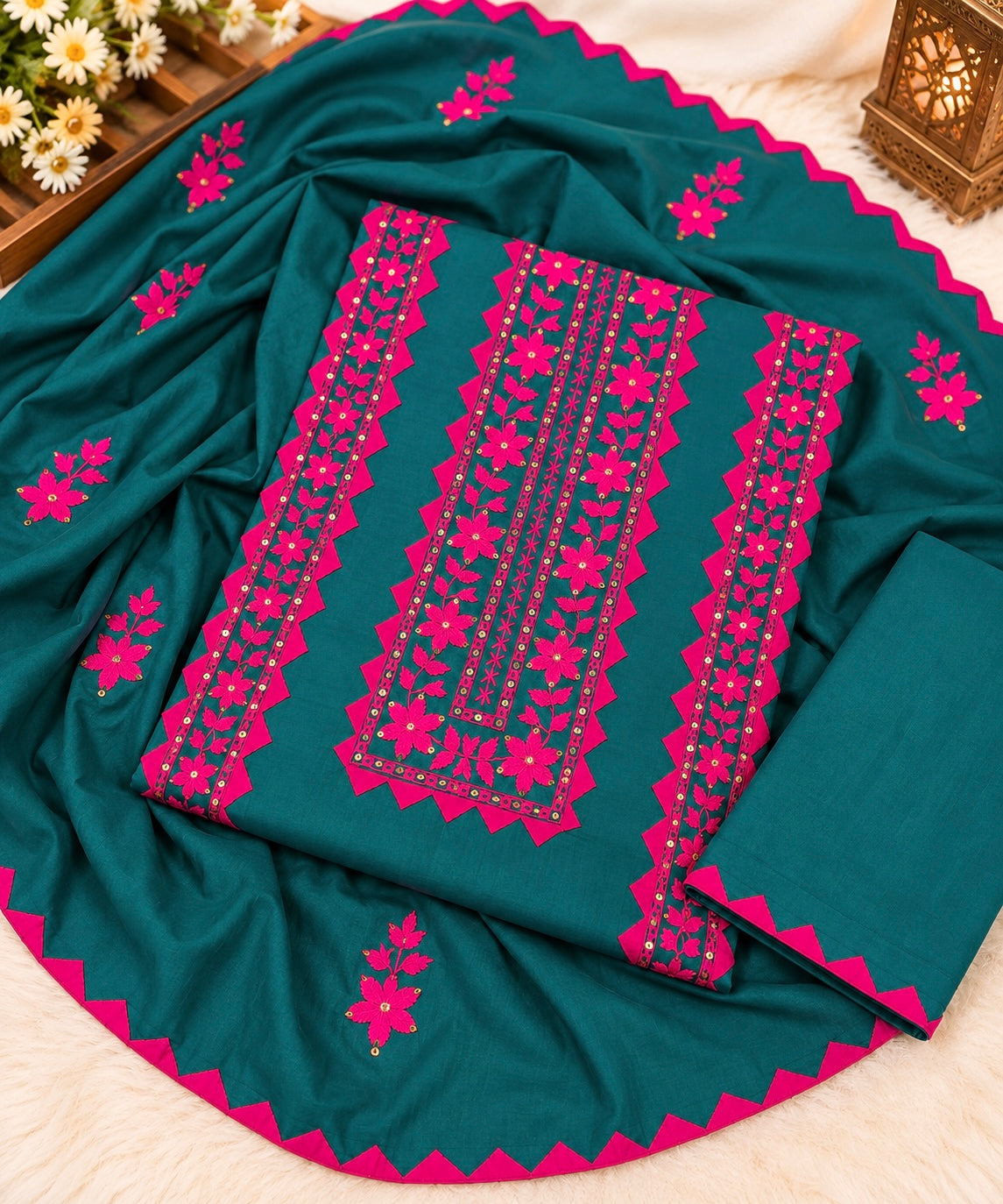Applic Handwork & Machine Floral Embroidery Soft Cotton Shirt, Trouser with Embroidered Soft Cotton Dupatta | 3PC Unstitched Dress
