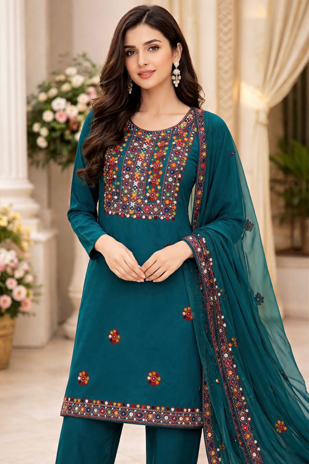Balochi Multi Thick Thread 9MM Sitara Heavy Embroidered Lawn Cotton with Chiffon Dupatta – 3PC Unstitched Dress