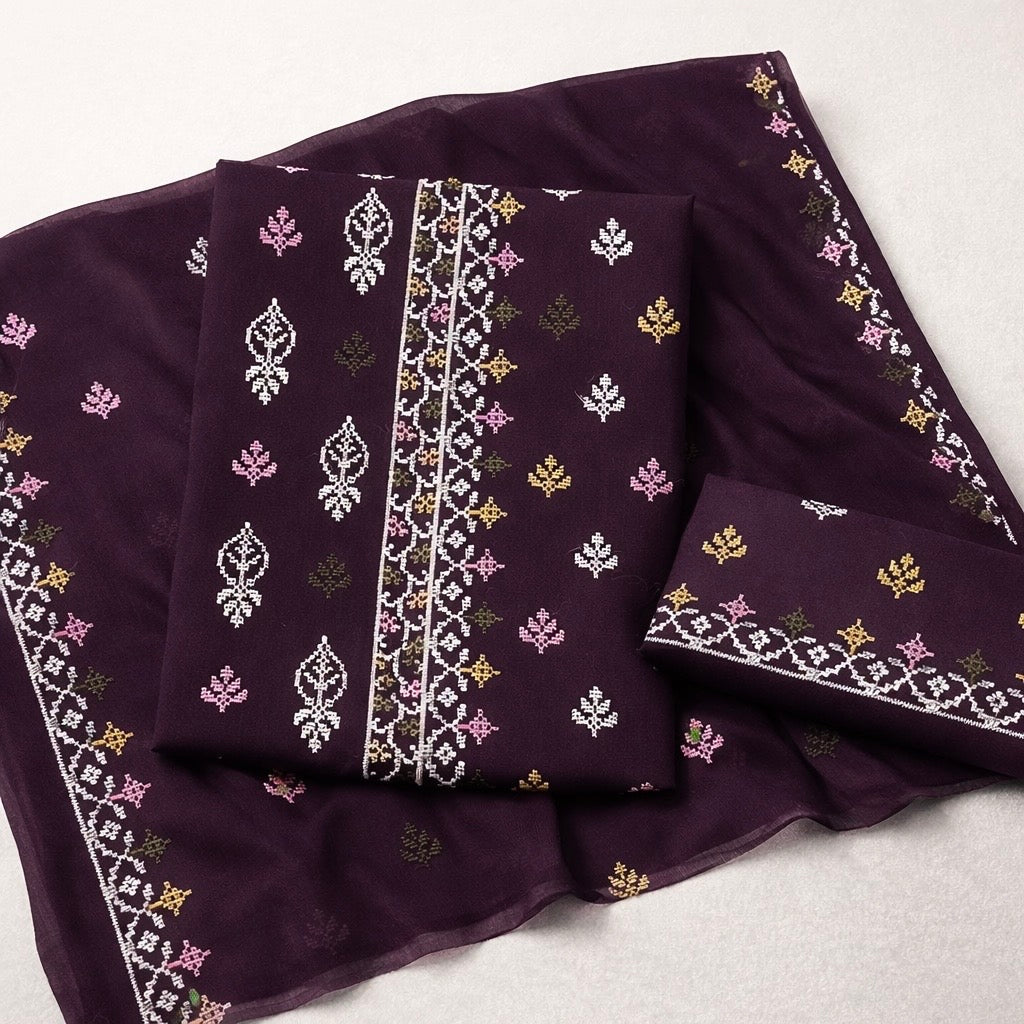 Cross Stitch Sequence Sitara Embroidery Panel Work With Chiffon Dupatta – 3PC Unstitch Dress