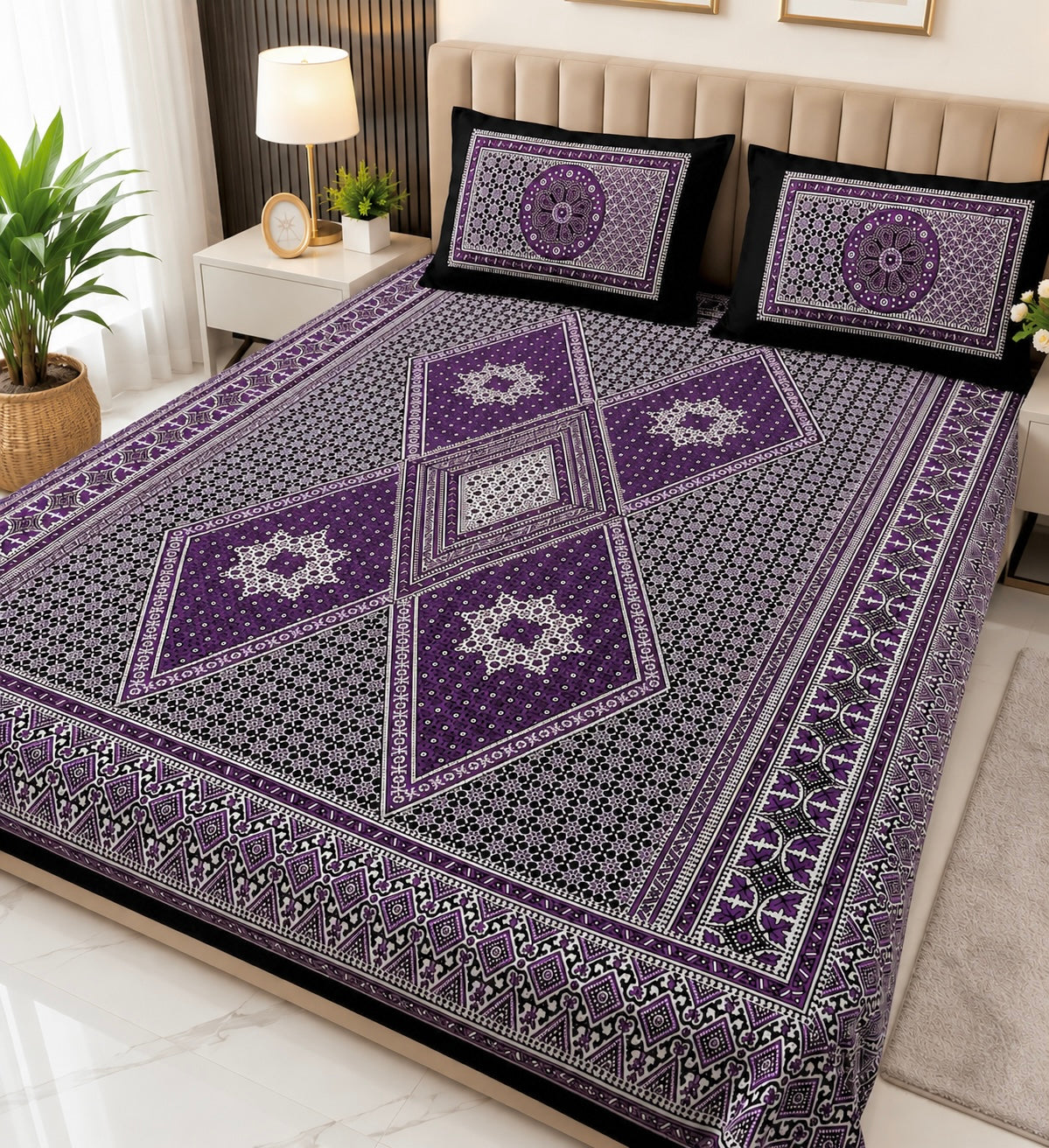 King Size Ajrak Block Hand Print Cotton Stuff Bedsheet Set with 2 Unstitched Pillow Covers