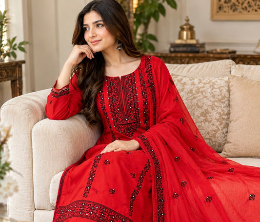 Cross Stitch Sitara Computer Embroidered Soft Cotton Shirt & Trouser with Chiffon Embroidered Dupatta - 3PC Unstitched Dress