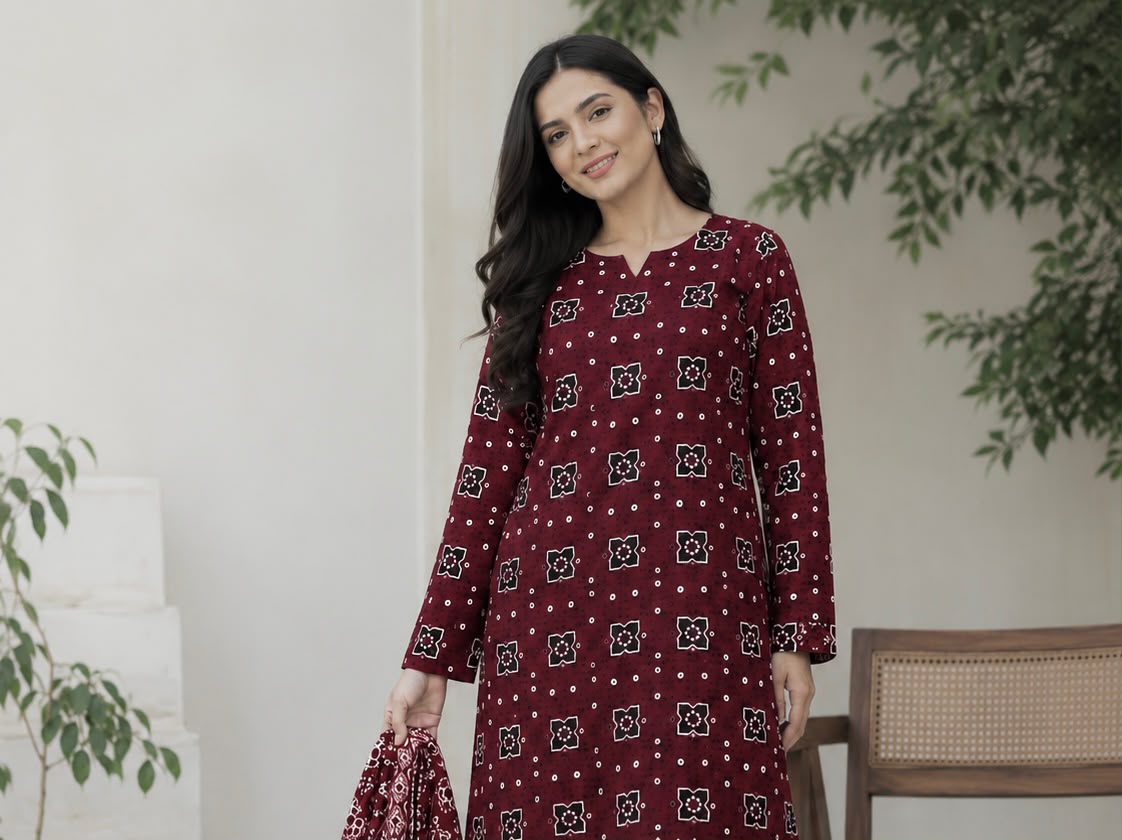 Ajrak Block Print 3 Piece Unstitch Dress – Soft Cotton Fabric