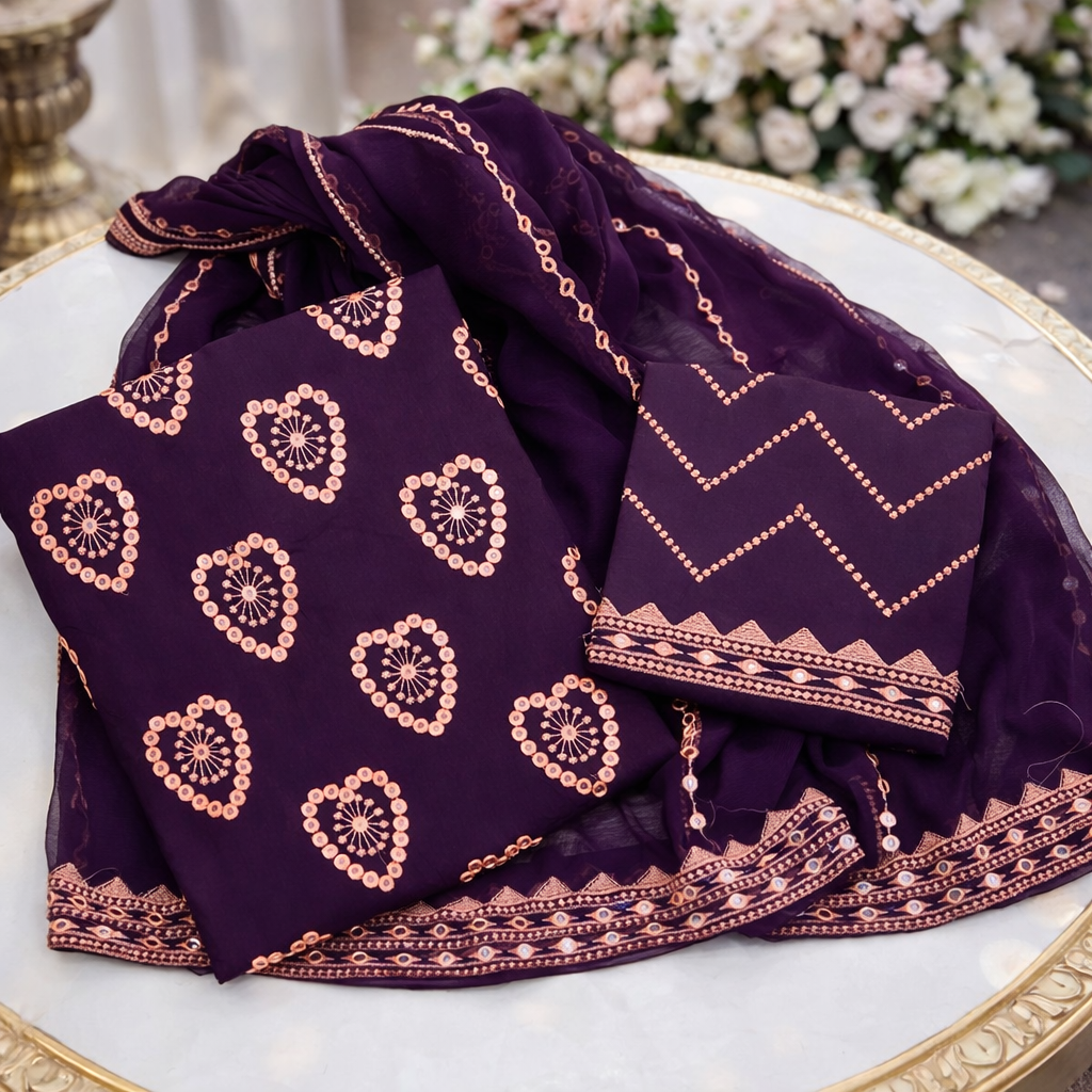 3-Piece Suit with 9mm Sitara Heart Embroidery | Lawn Cotton Shirt & Trouser with Fancy Chiffon Dupatta