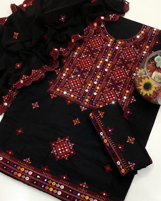 Balochi Thick Thread 9MM Sitara Work Machine Embroidered Lawn Cotton with Two Side Cutwork Border Chiffon Dupatta - 3PC Unstitched Dress 👗