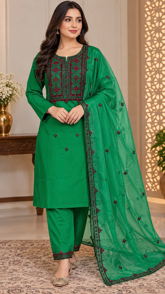 Balochi Handmade Original Mirror Work Soft Cotton Shirt & Trouser with Chiffon Four Side Border Dupatta – 3PC Unstitched Dress 👗