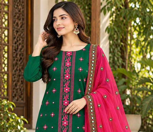 9MM Sitara Front Panel Booti Work Soft Cotton with Chiffon Dupatta | 3PC Unstitched Dress 👗