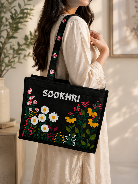 Sookhri Floral Embroidered Black Handbag – Soft Velvet Fabric