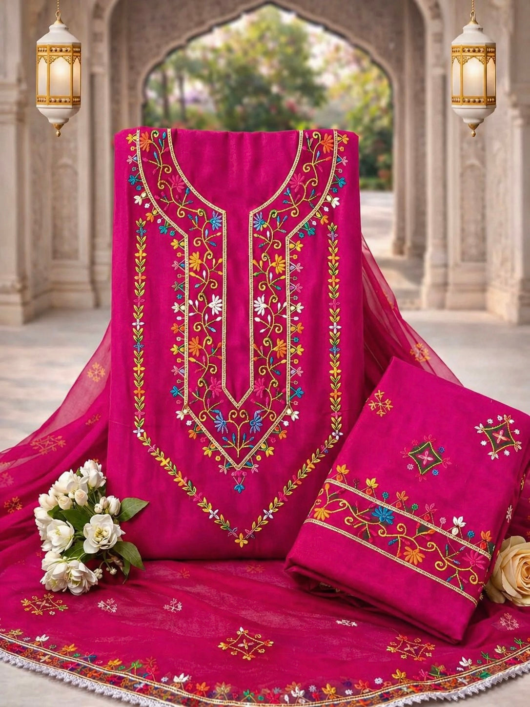 Elegant Multicolor Embroidered Lawn Cotton with Chiffon Dupatta Traditional Design - Unstitch 3PC Dress 👗