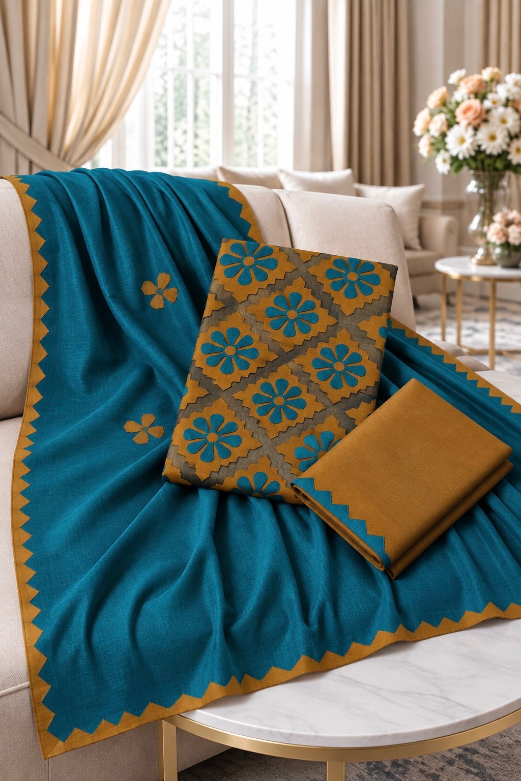 Handcrafted Soft Cotton Applique Work 3-Piece Unstitched Dress with Net Front Panel & Chiffon Dupatta
