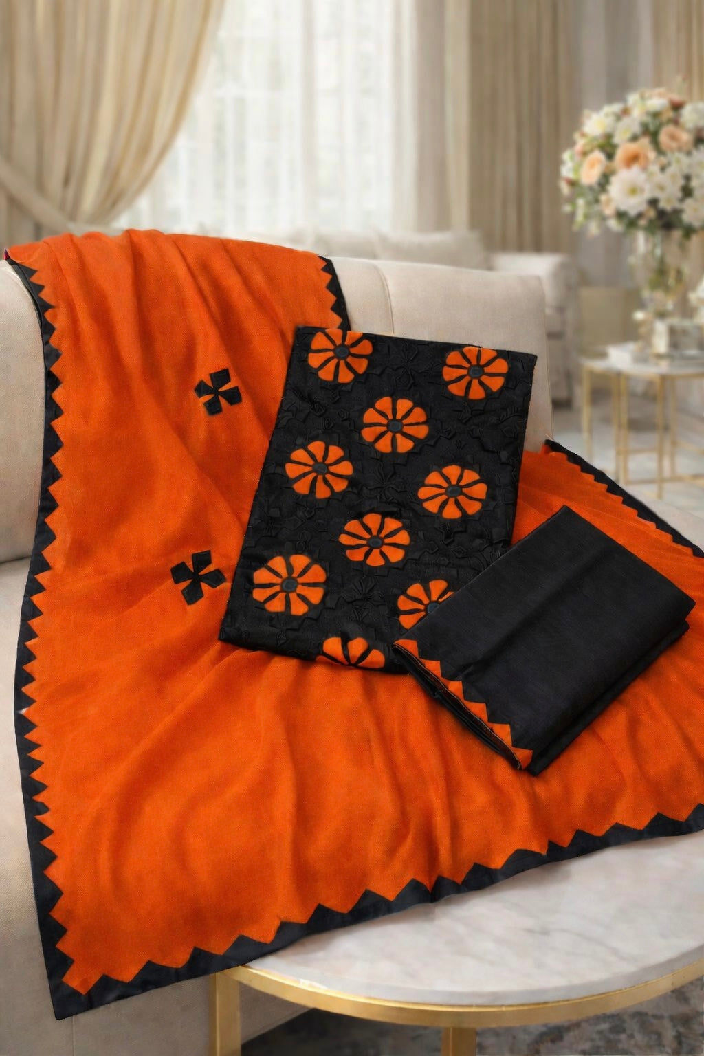 Handcrafted Soft Cotton Applique Work 3-Piece Unstitched Dress with Net Front Panel & Chiffon Dupatta