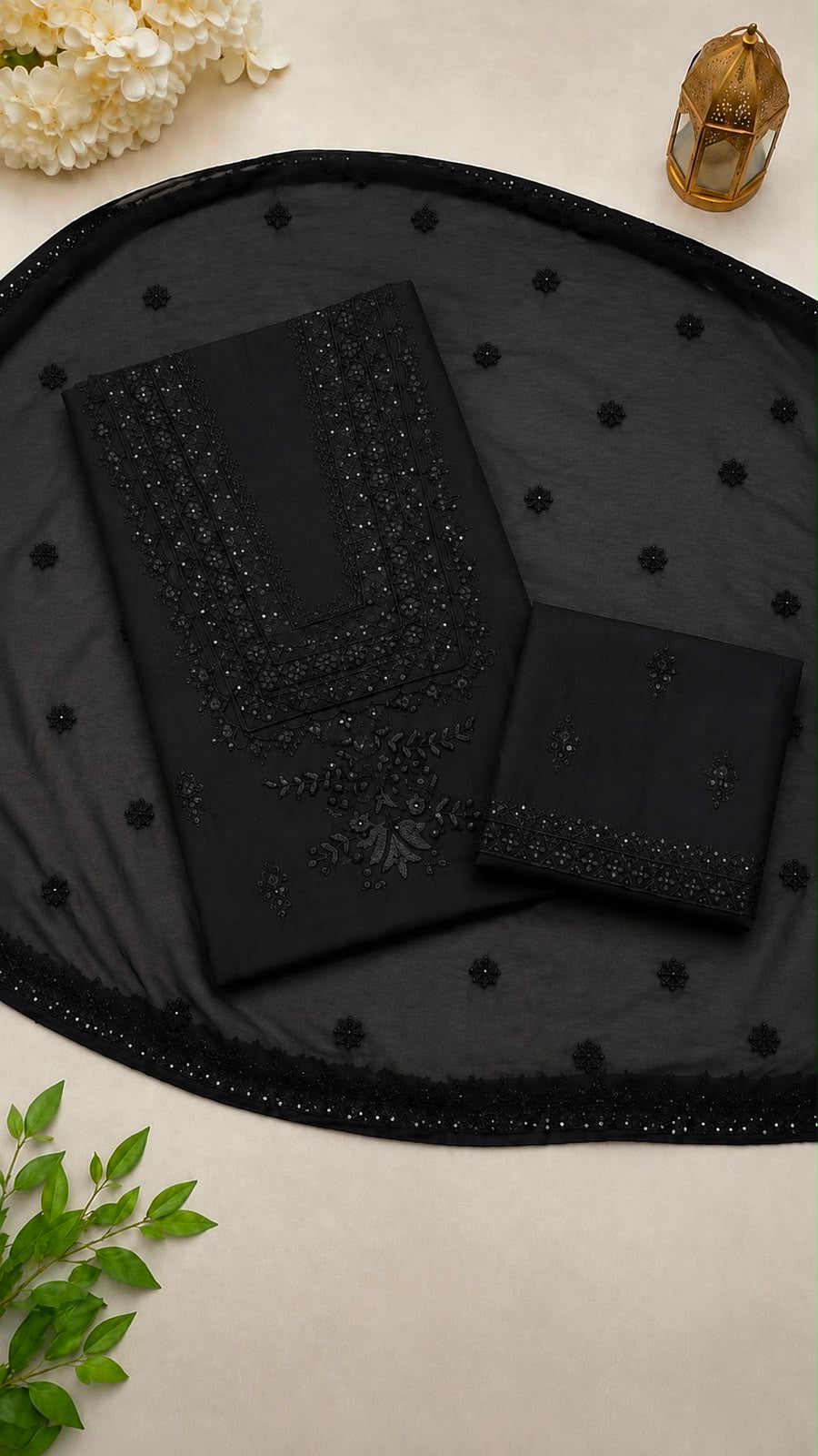 Black 3MM Sitara Embroidered Heavy Gala Daman Lawn Cotton Fabric with Embroidered Chiffon Dupatta | 3PC Unstitched Suit